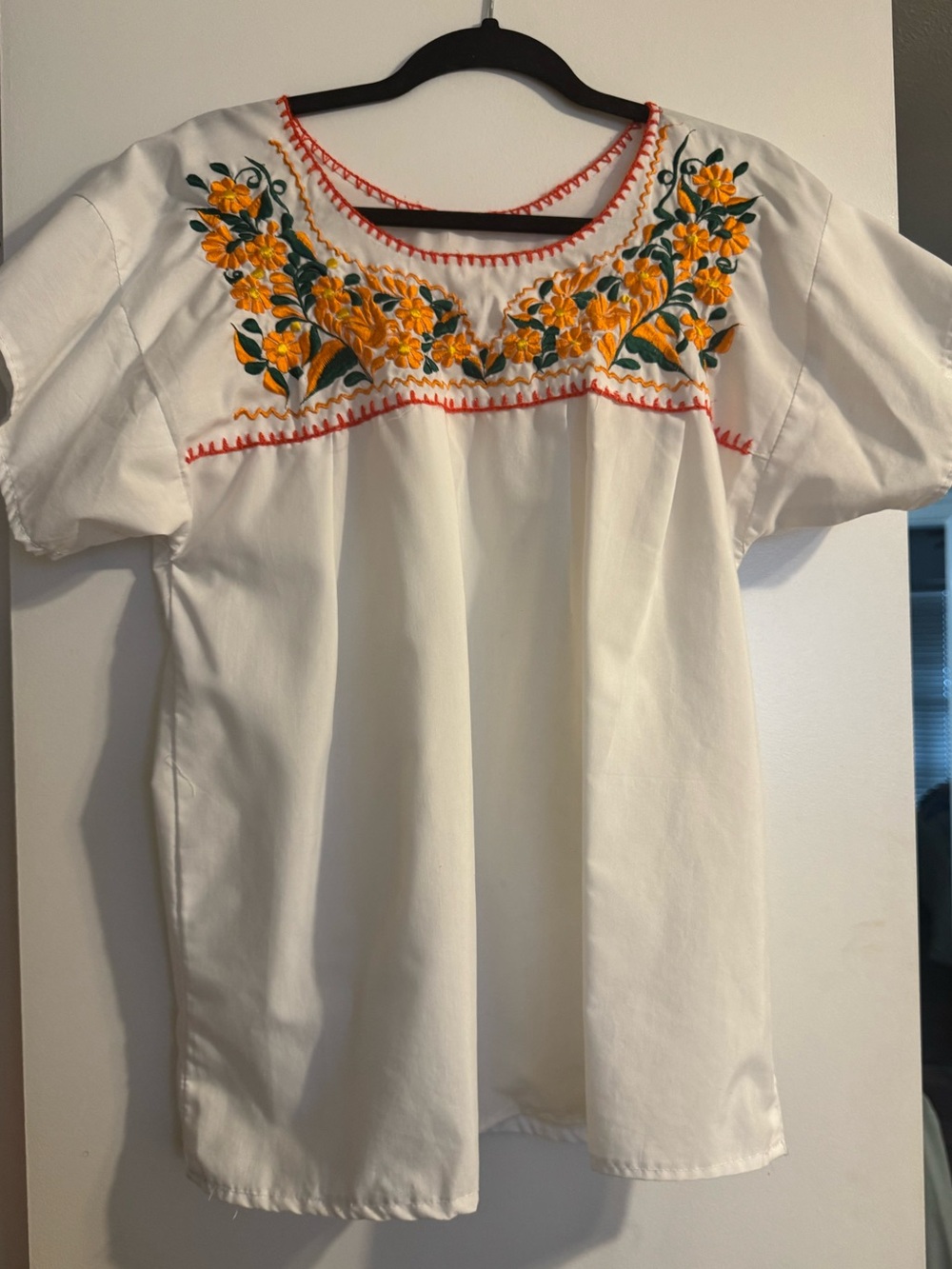White Mexican Embroidered Floral Peasant Blouse with Orange Accents